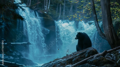 black bear siting near the waterfall.  photo