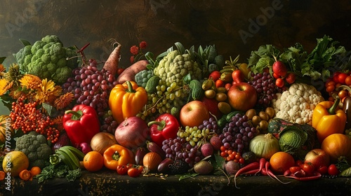 A rich tapestry of farmfresh produce, vivid against a shadowy setting, evoking abundance and health photo