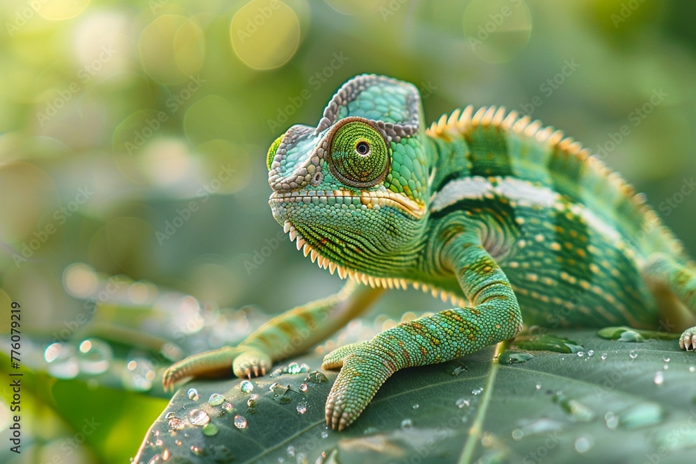 Obraz premium A chameleons detailed closeup, its green scales iridescent under soft sunlight, on a dewkissed leaf