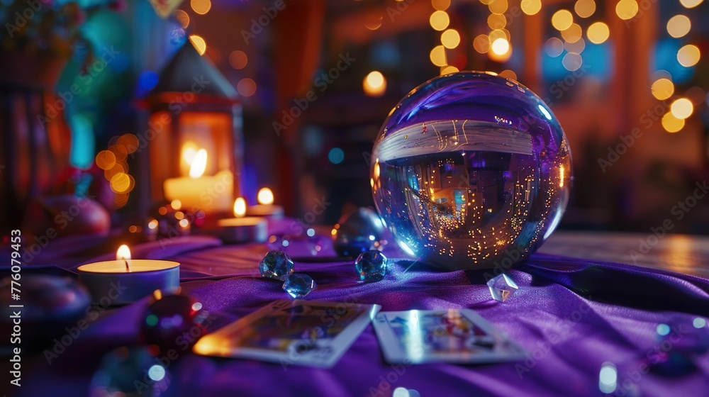 Table with crystal ball and candels, card reading and divination, occult table