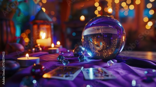 Table with crystal ball and candels, card reading and divination, occult table photo