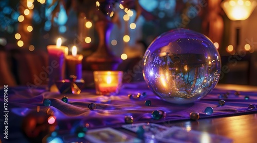 Table with crystal ball and candels, card reading and divination, occult table photo