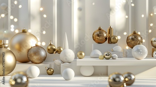Gold and White Shiny Christmas Decorative Items on White Stage Mock-Up