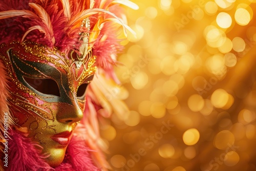 Golden Carnival Mask Amidst Feathered Splendor © Andrii 