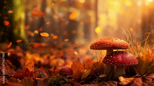 red fly agaric mushroom in the golden autumn forest.  photo
