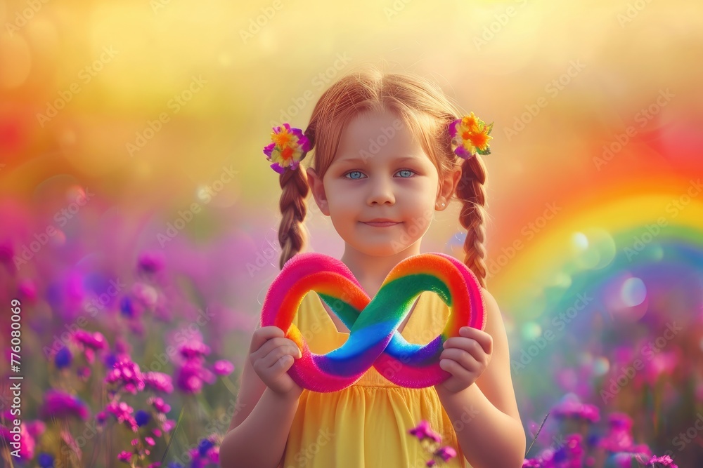 Fototapeta premium Joyful Kid Embracing Rainbow Infinity