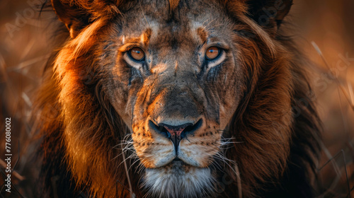 Close-up portrait of a powerful lion with a penetrating stare in the wild grassland.
