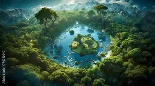 Aerial View of Vibrant Forest Shaped Like Earth Continents Representing Global Environmental Conservation Concept