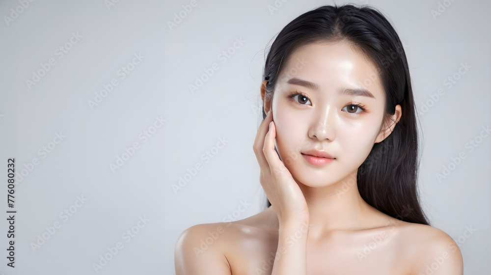 beautiful Korean girl, good skin, black hair, white background, skin care beautiful Korean girl, good skin, black hair, white background, skin care