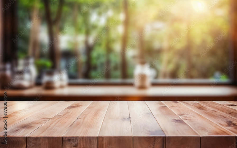 Empty brown wooden table top and blurred defocused background of restaurant or cafe. Ready for product montage. Empty brown wooden table top and blurred defocused background of restaurant or cafe. Ready for product montage.