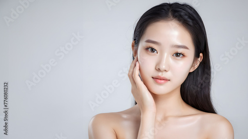beautiful Korean girl, good skin, black hair, white background, skin care