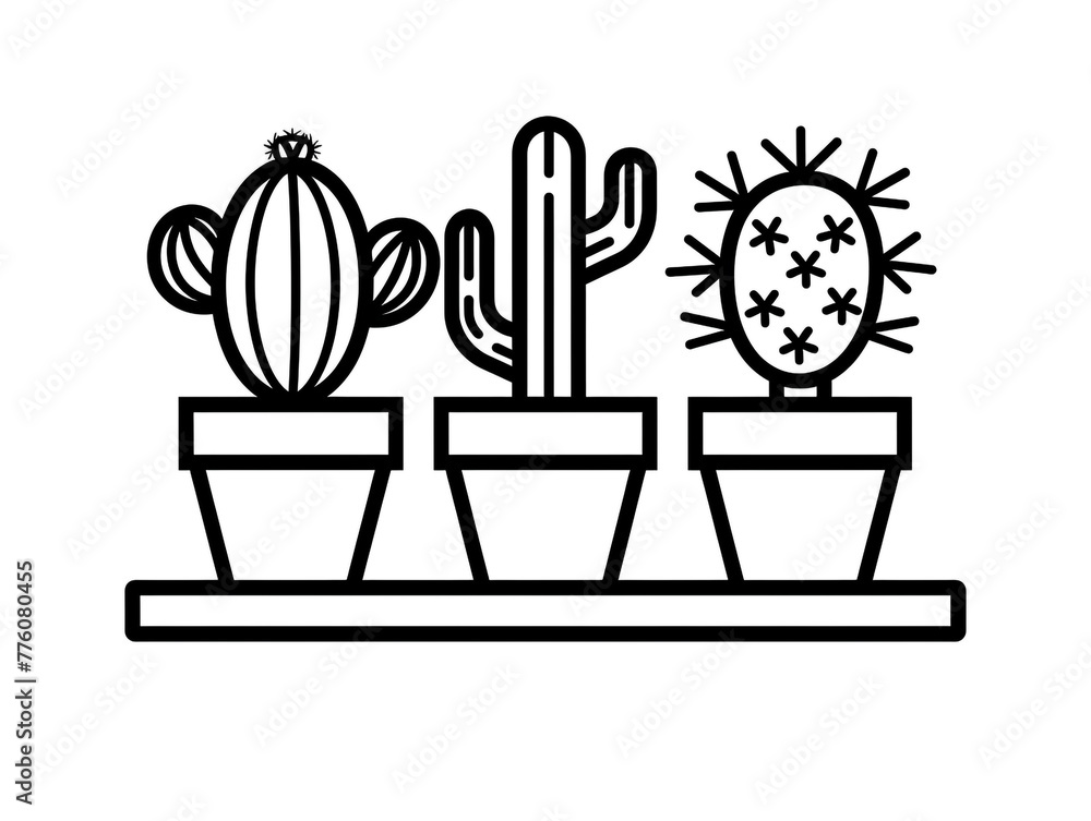 Potted cactus are lined up in a row. The potted plants are of different sizes and are placed in individual pots Potted cactus are lined up in a row. The potted plants are of different sizes and are placed in individual pots