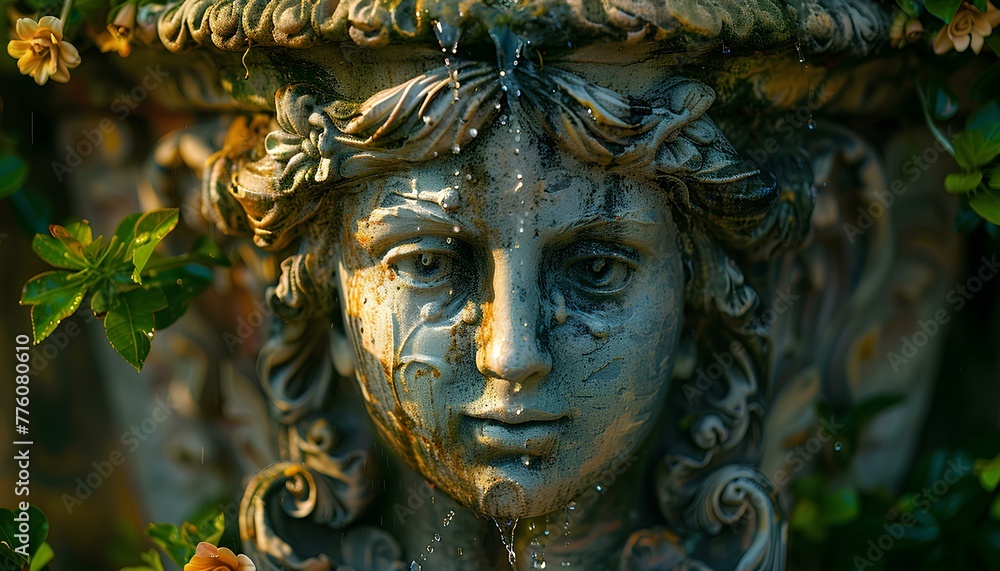 Old fountain in the garden full of flowers and plants splashing water. Old Ancient Greek stone fountain surrounded by nature. Closeup of fountain in park. Water and hydration during hot weather