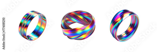 Set of Bright Holographic Ribbon Ring illustration, isolated over on transparent white background