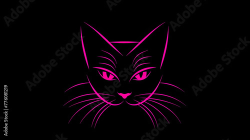 Pink Cat Face Line Art Isolated on a Black Background