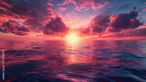 A stunning ocean sunset, clouds painted with vibrant hues of orange and pink, reflecting on calm waters