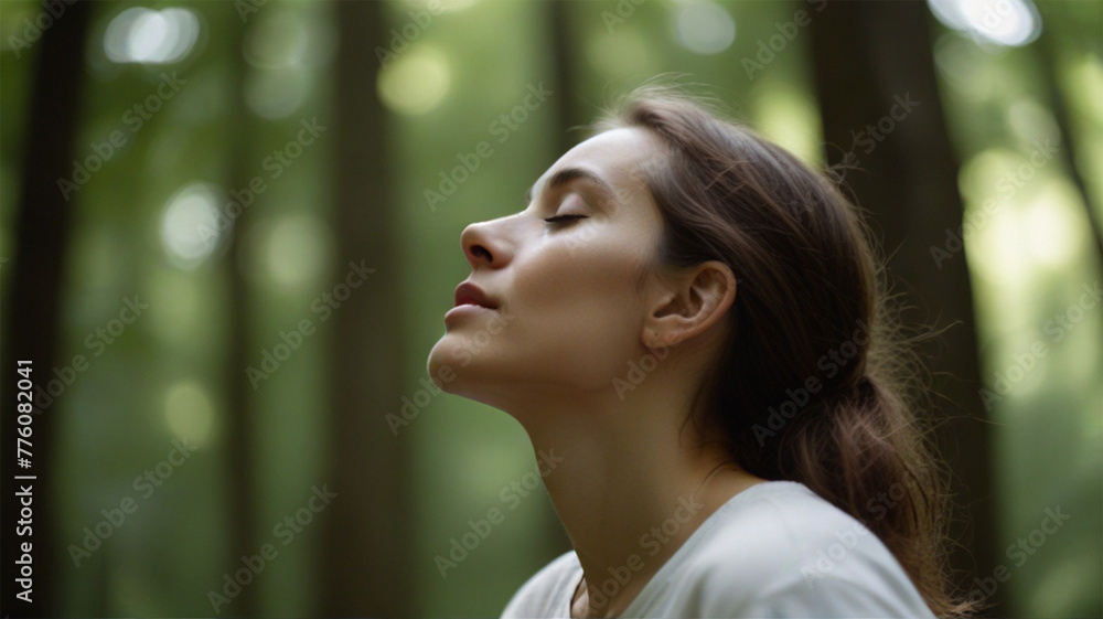 Relaxed woman breathing fresh air in a green forest. AI generative Relaxed woman breathing fresh air in a green forest. AI generative