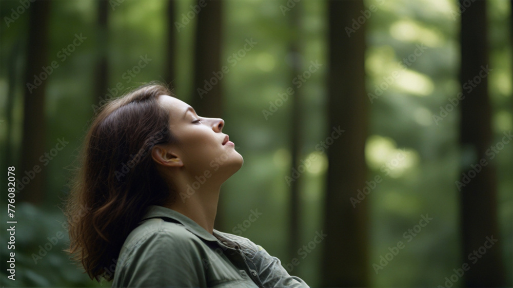 Relaxed woman breathing fresh air in a green forest. AI generative