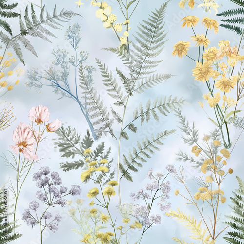 Watercolor Wildflowers and Ferns Seamless Pattern