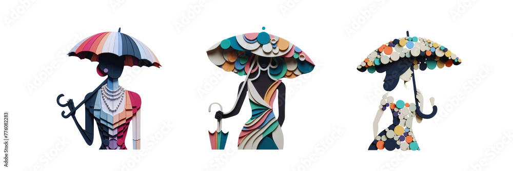 Set of 2D artwork where the use of foamy material lends texture and depth, monochromatic sliced foamy Accompanied by an umbrella illustration, isolated over on transparent white background