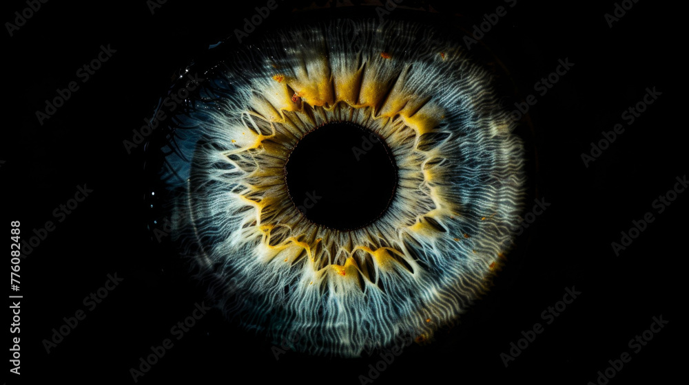A close-up of the iris on a black background in macro photography allows you to see the beauty and complexity of the structure of the human eye. A close-up of the iris on a black background in macro photography allows you to see the beauty and complexity of the structure of the human eye.