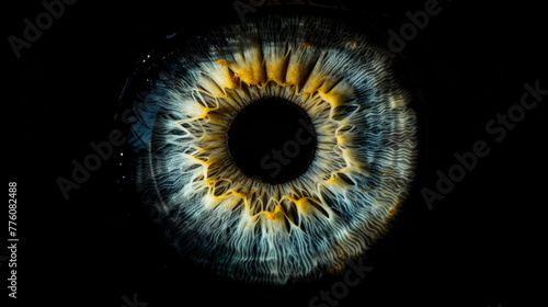 A close-up of the iris on a black background in macro photography allows you to see the beauty and complexity of the structure of the human eye.