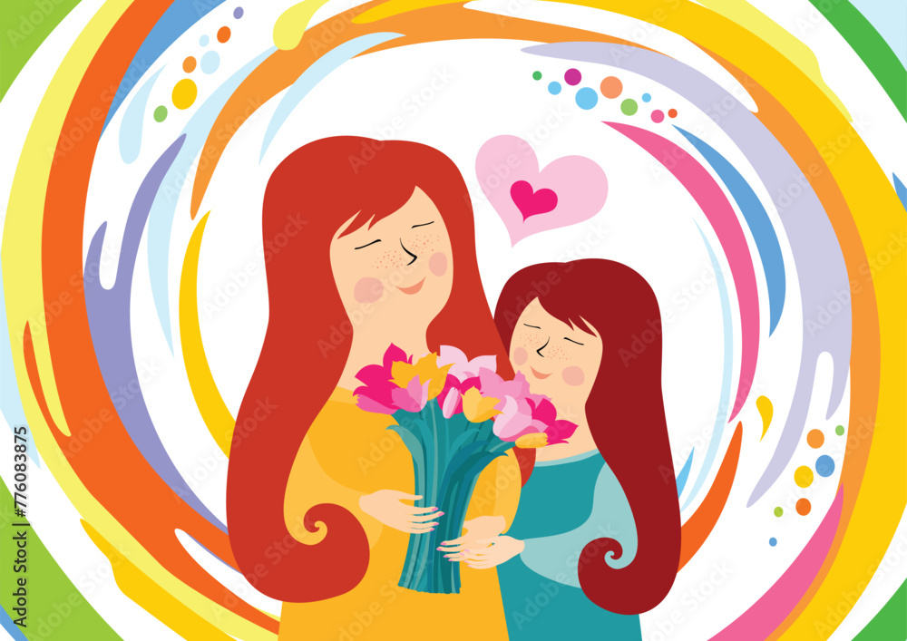 Happy Mother's Day. Lettering design. I love you mum. Beautiful mom face smiling with little daughter and bouquet of tulips. Horizontal card format for web banner or header. Vector illustration Happy Mother's Day. Lettering design. I love you mum. Beautiful mom face smiling with little daughter and bouquet of tulips. Horizontal card format for web banner or header. Vector illustration