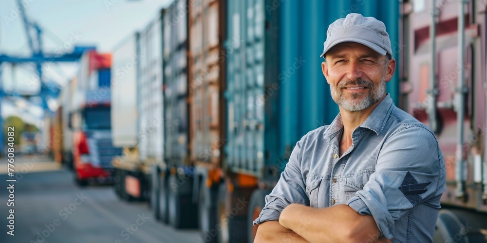 Mature truck driver standing confidently at a busy commercial shipping port with cargo containers. Mature truck driver standing confidently at a busy commercial shipping port with cargo containers.