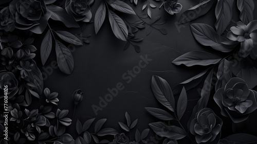Elegant black metallic background with leaves and space for text