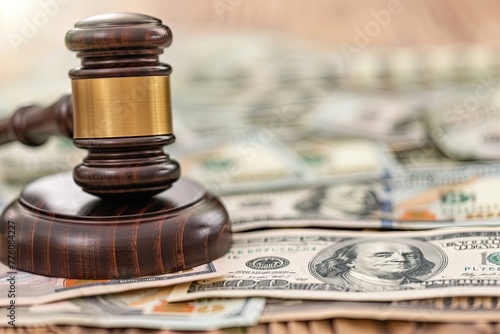 A wooden judge's gavel rests on a large stack of US dollar bills, symbolizing the intersection of law and finance.