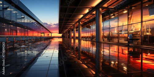 panorama of a modern airport terminal at sunset, 3d render
