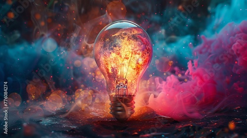 Abstract composition, light bulb breaking into fractals, vibrant explosion of colors, surreal dream