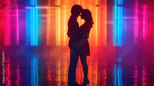 Couple Embracing in Neon Light, couple's silhouette embraces in a kaleidoscope of neon lights, creating an intimate and romantic atmosphere, reflective of modern love and connection