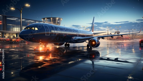 Airplane on the background of the airport at night. 3d rendering