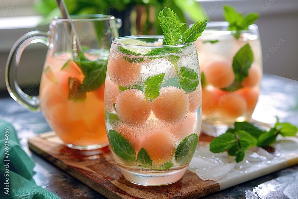 Refreshing Melon Ball Mint Cocktail in Glasses Refreshing Melon Ball Mint Cocktail in Glasses