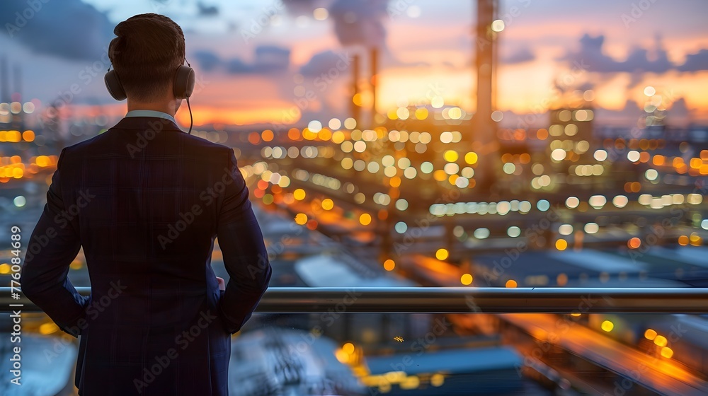 Businessman Observing Industrial Area at Dusk in the Style of Interactive Experiences