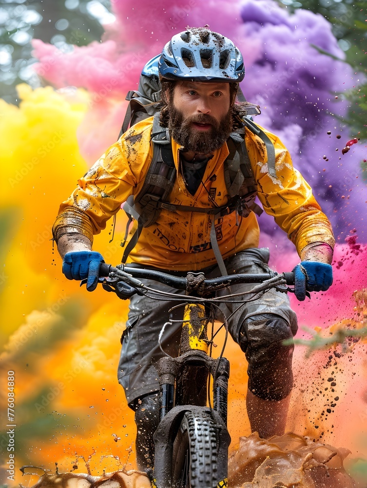 Bearded Man Riding Bike in Colorful Powder Explosion Bearded Man Riding Bike in Colorful Powder Explosion