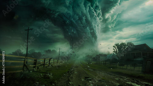 A dark huge approaching tornado that causes massive destruction