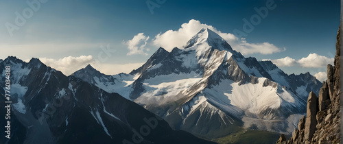 for advertisement and banner as Alpine Adventure Capturing the thrill of high altitude mountain landscapes. in Fresh Landscape theme ,Full depth of field, high quality ,include copy space on left, No  © Gohgah