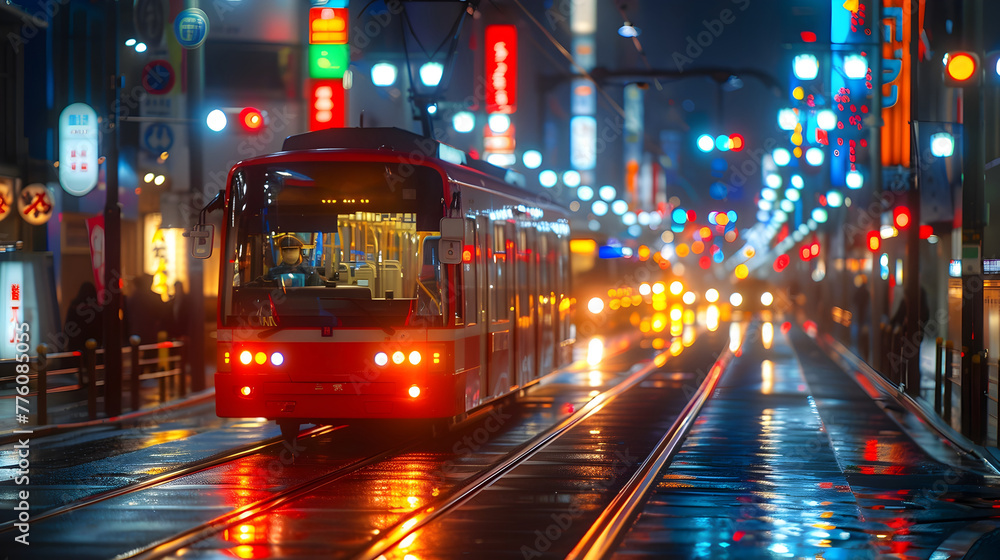 Fototapeta premium Japanese-inspired Street with Tram and Fluorescent Signs at Night