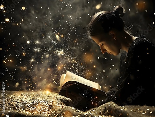 Girl Reading Book in Dreamlike Vision with Sparkles and Golden Light