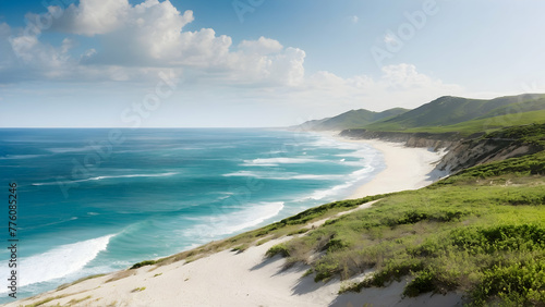 for advertisement and banner as Coastal Breeze Highlighting the refreshing and invigorating coastal landscapes. in Fresh Landscape theme  Full depth of field  high quality  include copy space on left 