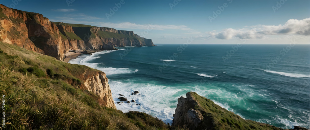 for advertisement and banner as Coastal Cliffs Showcase the dramatic and rugged beauty of coastal cliff landscapes. in Fresh Landscape theme ,Full depth of field, high quality ,include copy space on l