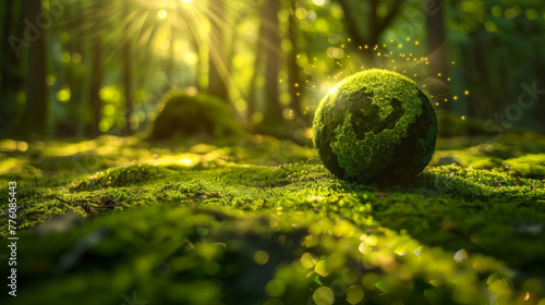 A globe with continents, inscribed in the landscape of a green forest and shrouded in warm sunlight, reminds us of the need to take care of the environment on Earth Day. photo