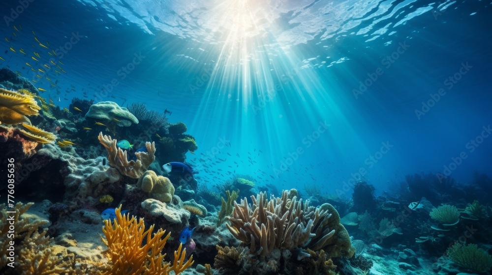  In the deep blue sea, sunlight pierces through