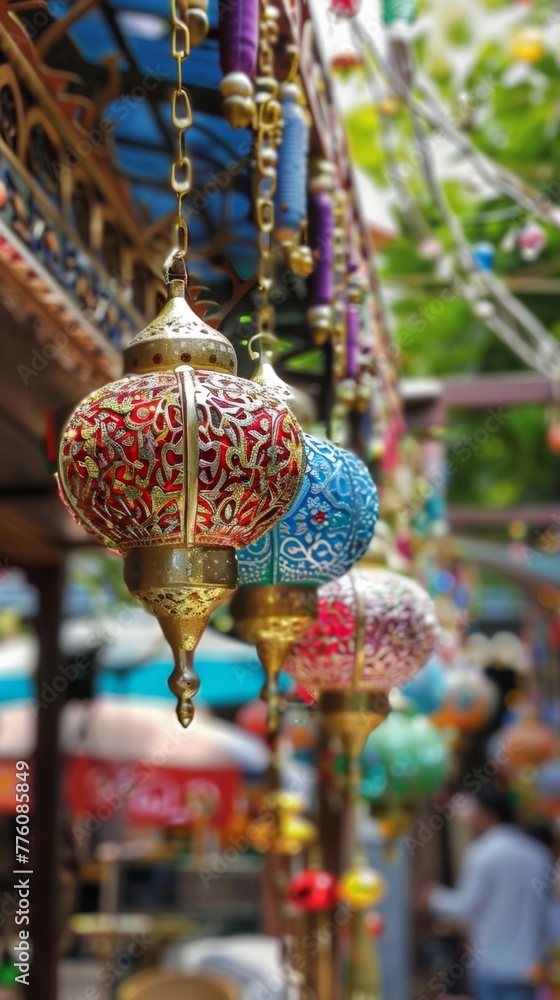 Eid al-Adha. Colorful lanterns adorn the buildings ceiling, creating a festive atmosphere. Generative AI