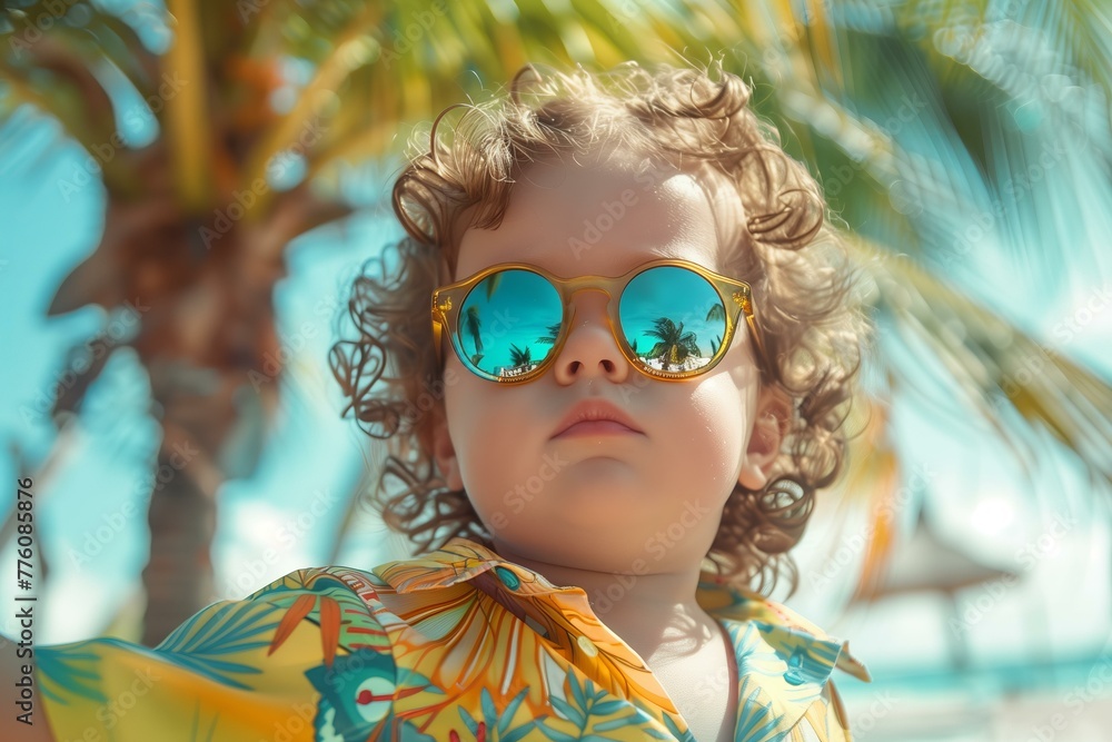 cute stylish toddler wearing holographic sunglasses and casual colorful clothes palms and beach in the background cute stylish toddler wearing holographic sunglasses and casual colorful clothes palms and beach in the background