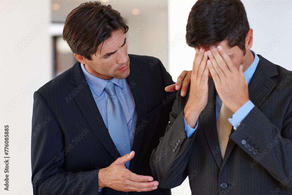 Business men, talking and disappointed with partner for stress and problem of occupation for corporate deal. Manager or consultant with advice and sad with headache and worried in career job Business men, talking and disappointed with partner for stress and problem of occupation for corporate deal. Manager or consultant with advice and sad with headache and worried in career job