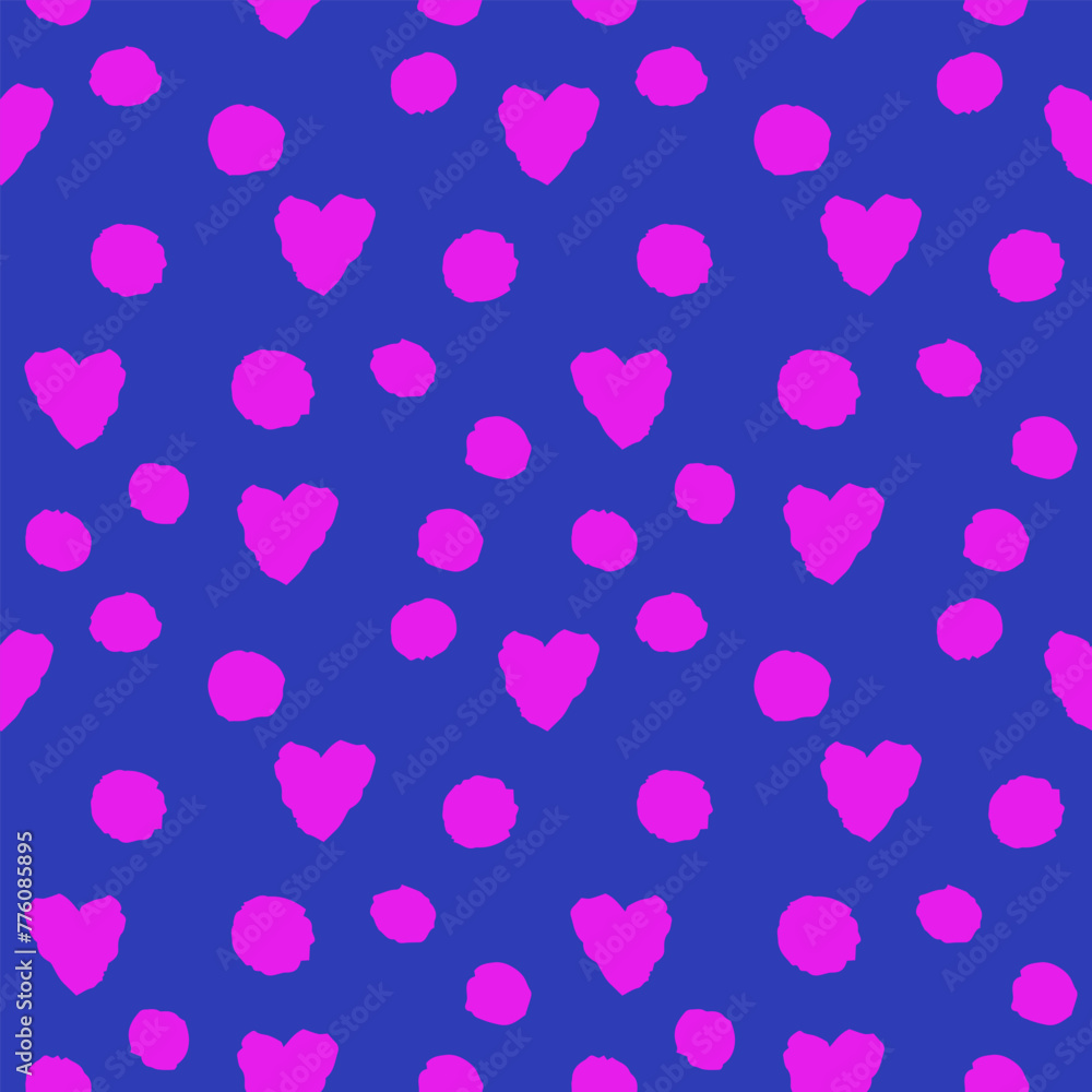 Colorful Abstract Seamless Pattern. Pink neon heart and circle geometry elements on blue background. Hand drawn doodle print, wallpaper, ornament, print. Vector file