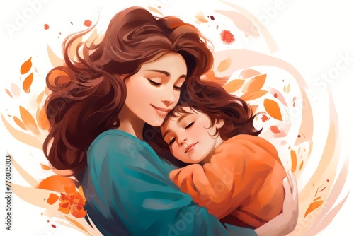 Mother hugs her child. Mothers Day. Can be used to illustrate texts about the relationship between parents and children.